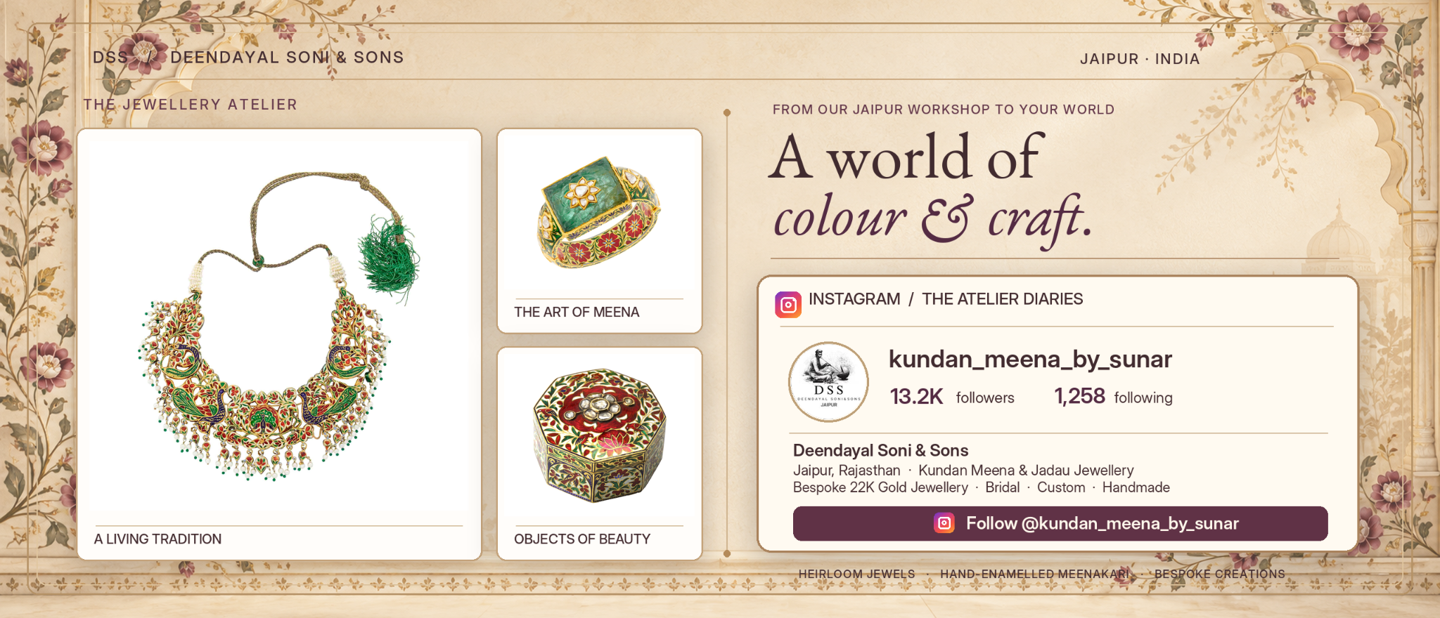 Deendayal Soni and Sons Jaipur jewellery atelier poster with Meenakari jewellery and Instagram profile @kundan_meena_by_sunar